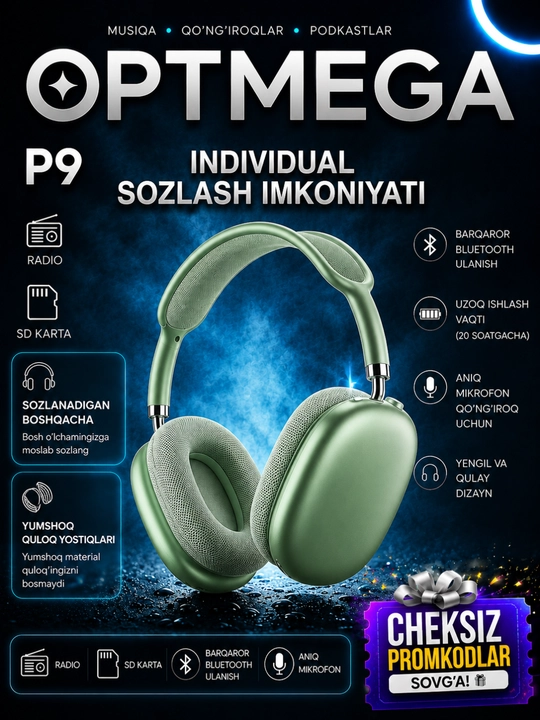 Беспроводные наушники Bluetooth P9 с микрофоном 100 A MAX - 