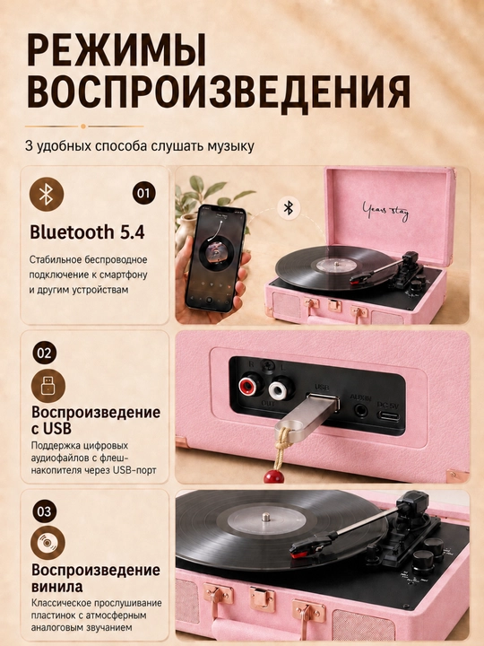Bluetooth 5.4, USB, AUX, karnaylar va 3 tezlik bilan jihozlangan vinil pleyer chamadon
