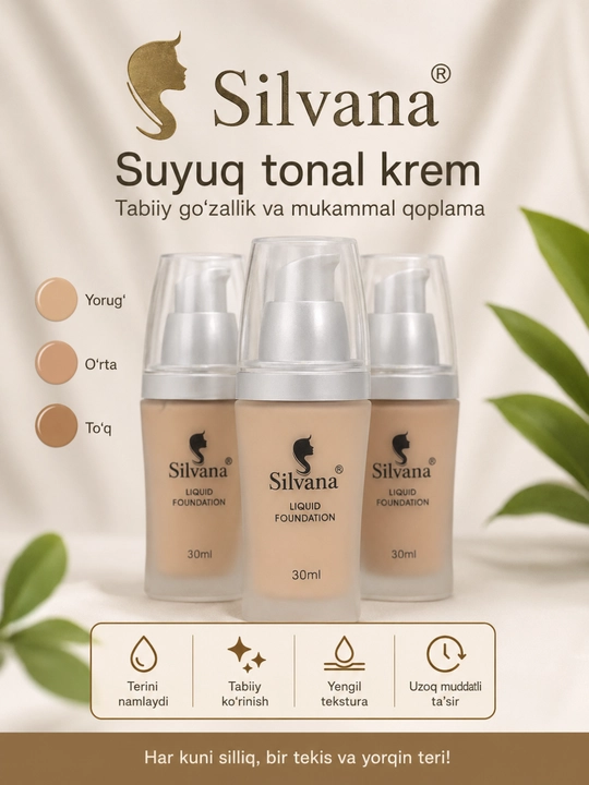 Silvana suyuq tonal krem 30 ml, yuz uchun yengil va bir tekis qoplama
