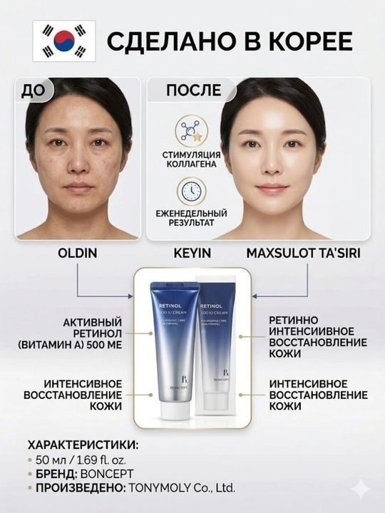 Интенсивно восстанавливающий крем для лица, с активным ретинолом BONCEPT Retinol (50 мл) - 
