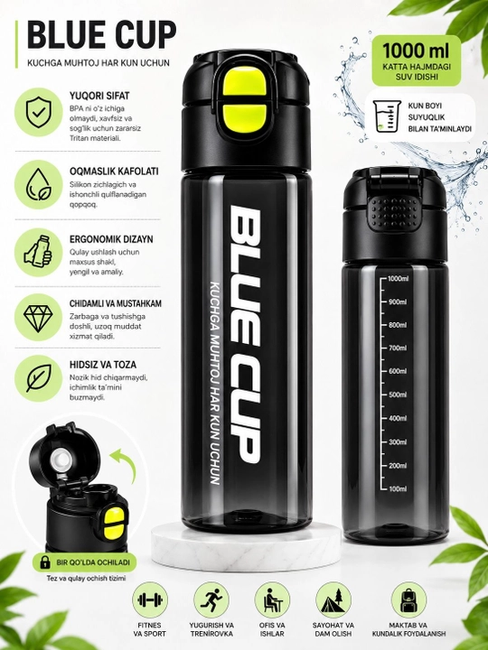 BLECTUP sport suv butilkasi, trubkali, BPA-free, 600 ml