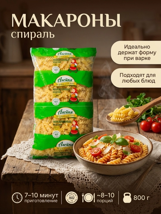 Макароны Спираль Алейка, высший сорт, без добавок и красителей,  800 г - 