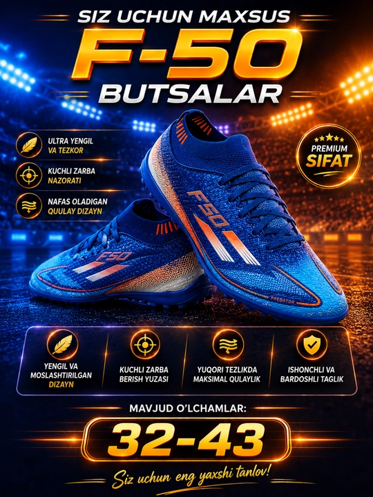 Erkaklar futbol butsilari F50, o‘lchamlari 32-43. Maktab uchun - 