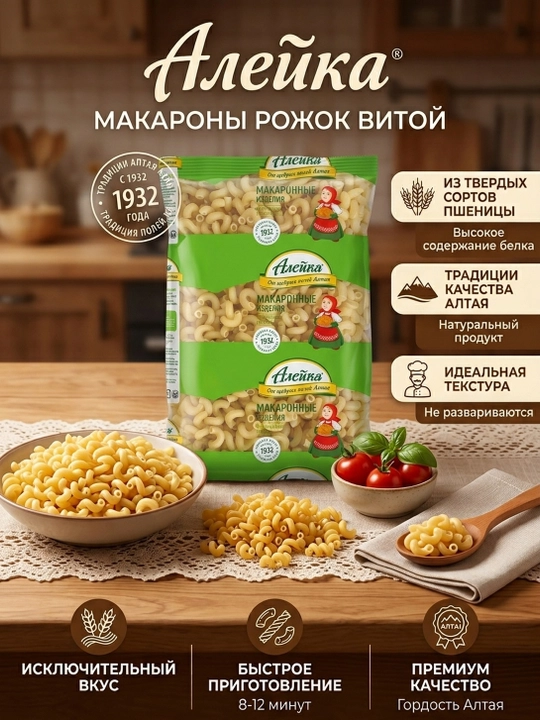 Макароны Рожок витой "Алейка", высший сорт, без добавок и красителей,  800г - 