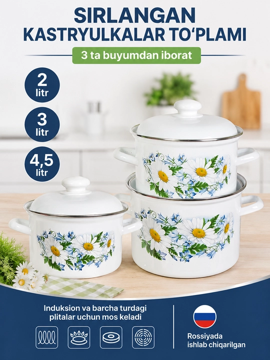Oshxona idishlari to‘plami, qopqoqli sirlangan idishlar to'plami, sig'imi 2-3-4,5 litr - 