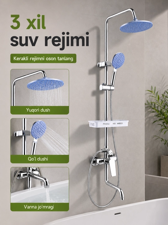 3 tasi 1 da dush tizimi, yuqori dush, qo‘l dushi, pastki jo‘mrak va mikser bilan