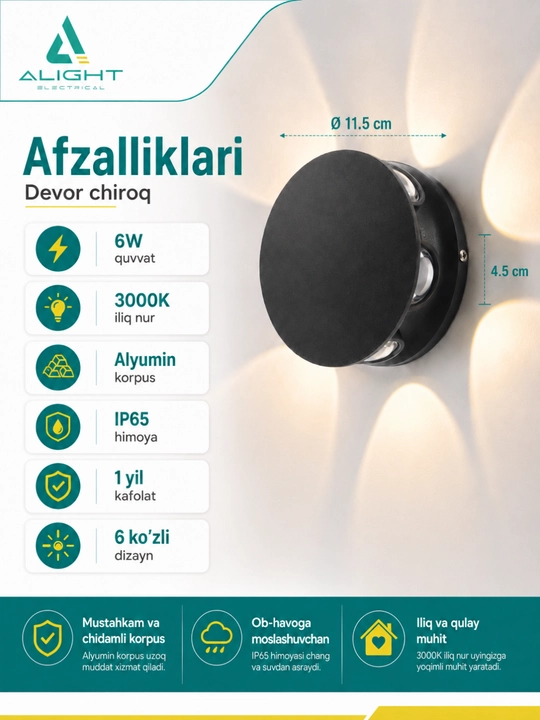 Dekorativ fasad va interyer LED yoritgichi Alight, devorga o'rnatiladigan bra chiroq, IP65