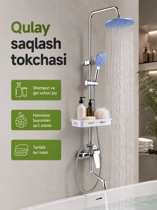 3 tasi 1 da dush tizimi, yuqori dush, qo‘l dushi, pastki jo‘mrak va mikser bilan