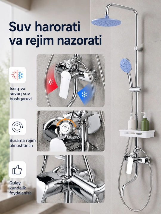 3 tasi 1 da dush tizimi, yuqori dush, qo‘l dushi, pastki jo‘mrak va mikser bilan
