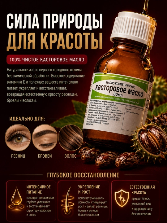 Касторовое масло для ресниц, бровей и волос 30 и 50 мл