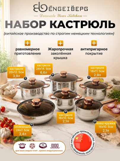 Набор кастрюль с крышками, нержавеющей стали, 12 предмет — OMS-NERJAV8013