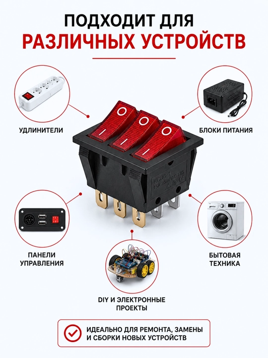 Выключатель тройной KCD3-1 15A 250V с подсветкой, чёрный и серый, 2 шт