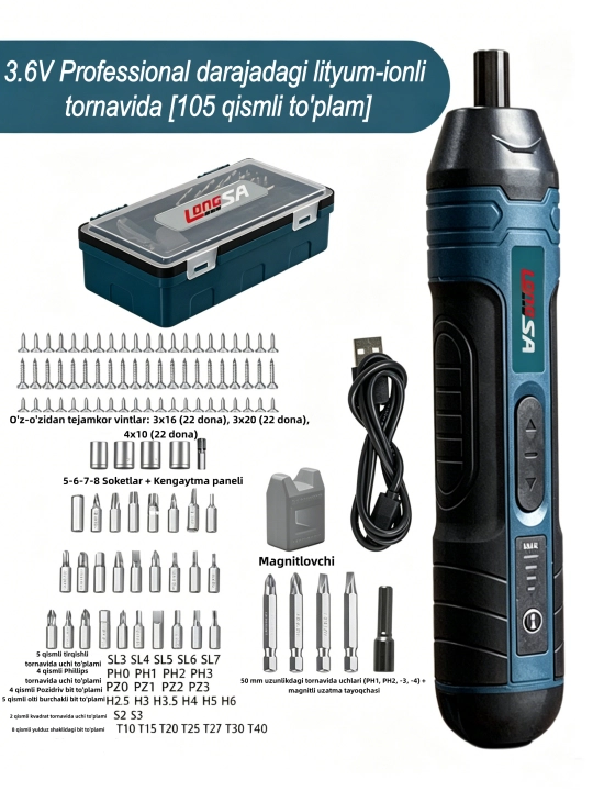 Simsiz elektr tornavida (105 ta 1 da)  Magnit uchi va LED chiroqli 105 qismli bit to'plami