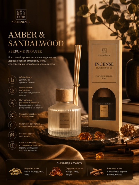 Uy aromatik diffuzor INCENSE KüchenLand 80 ml — premium xushbo‘y hid tarqatuvchi diffuzor