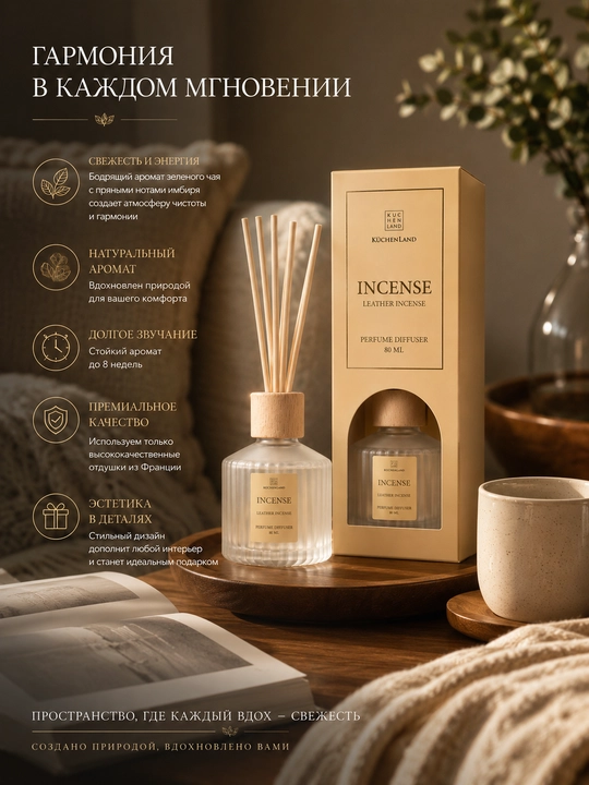Uy aromatik diffuzor INCENSE KüchenLand 80 ml — premium xushbo‘y hid tarqatuvchi diffuzor - 