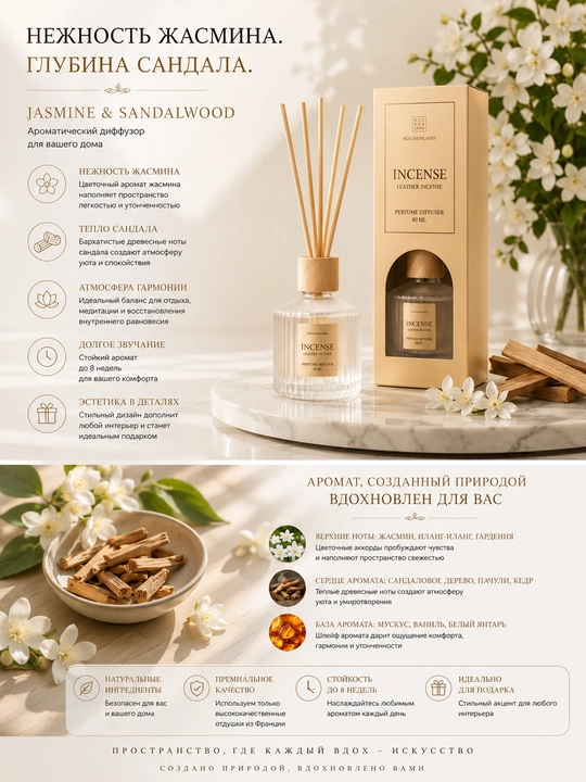 Uy aromatik diffuzor INCENSE KüchenLand 80 ml — premium xushbo‘y hid tarqatuvchi diffuzor