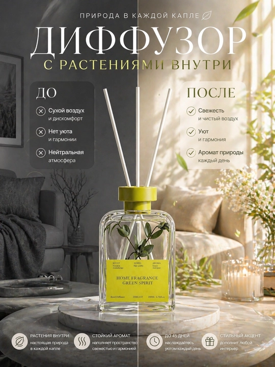 Xushbo‘y diffuzor, ichida o‘simliklar bilan, 200 ml - xushbo‘y, uy uchun, tayoqchalar bilan