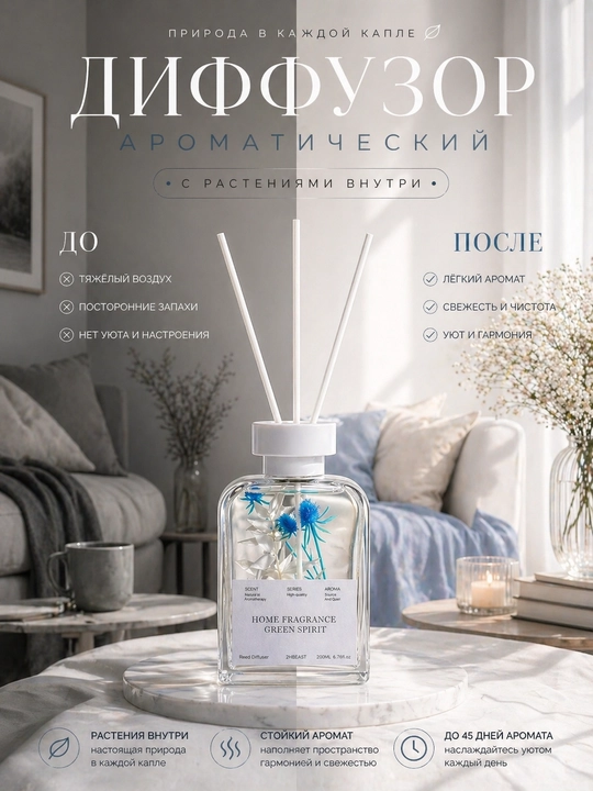 Xushbo‘y diffuzor, ichida o‘simliklar bilan, 200 ml - xushbo‘y, uy uchun, tayoqchalar bilan