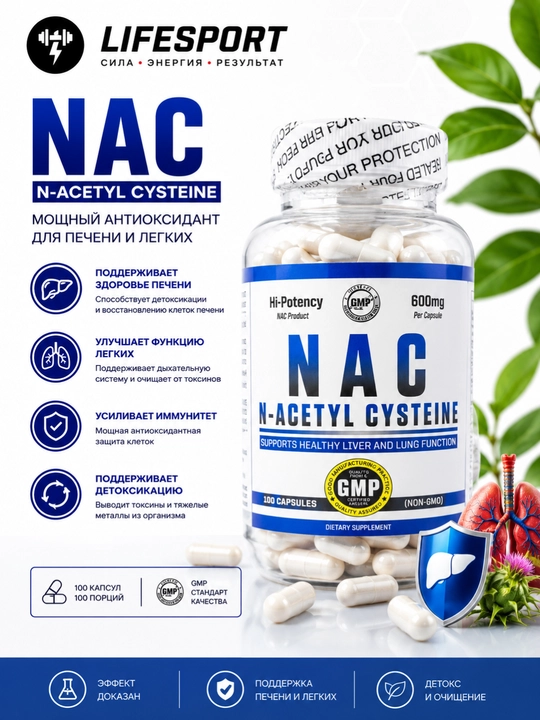 HTP NAC N-Acetyl Cysteine 100 caps 600mg, НАК - 