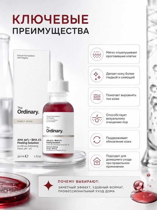 Пилинг-раствор для сияния и ровной текстуры Ordinary AHA 30% + BHA 2% для лица, 30 мл