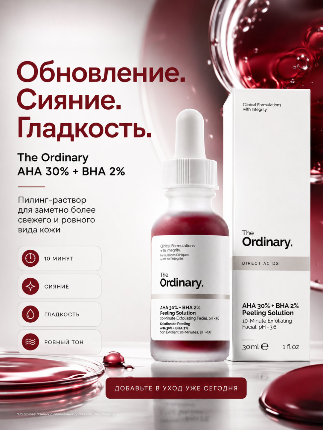 Пилинг-раствор для сияния и ровной текстуры Ordinary AHA 30% + BHA 2% для лица, 30 мл