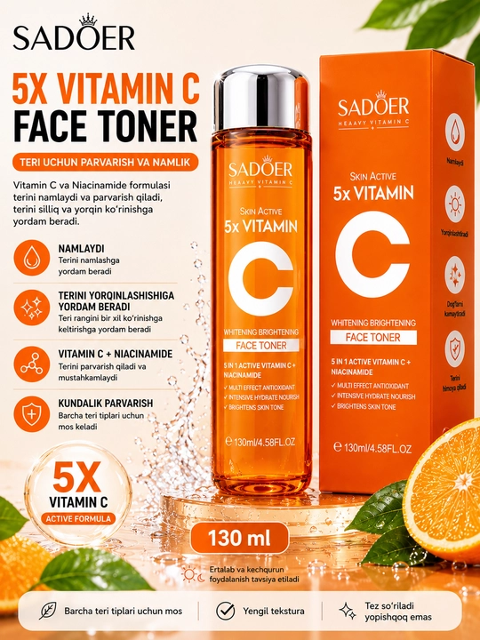 SADOER 5X yuz uchun toner, C vitamini bilan- terini namlaydi va oqartirishga yordam beradi - 