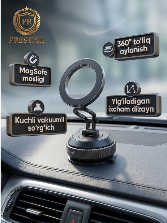 Avtomobil magnit telefon ushlagichi Magsafe RH-37, 360° buriluvchi vakuumli derjatel