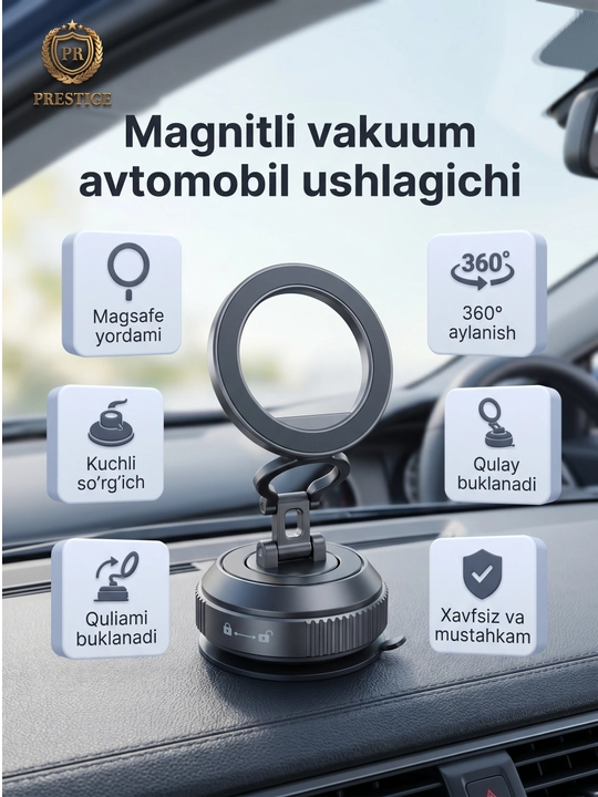Avtomobil magnit telefon ushlagichi Magsafe RH-37, 360° buriluvchi vakuumli derjatel