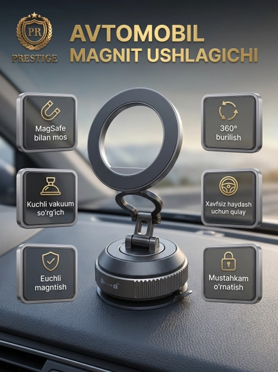 Avtomobil magnit telefon ushlagichi Magsafe RH-37, 360° buriluvchi vakuumli derjatel - 
