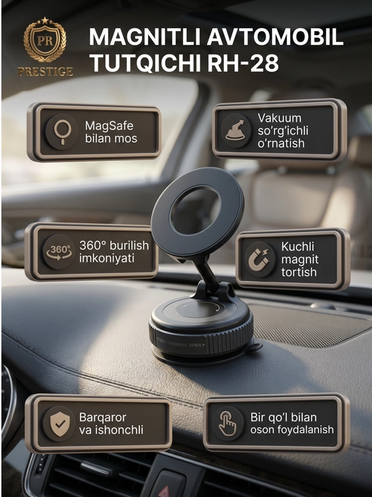 Mashinaga o‘rnatiladigan telefon uchun magnitli, MagSafe bilan jihozlangan, 360 o‘lchamli vakuum so‘rg‘ichli tutqich