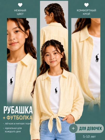 Комплект для девочек: футболка и рубашка 5–10 лет