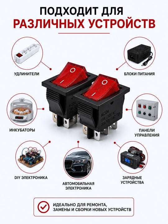 Клавишный переключатель KCD4 с подсветкой, 16A 250V, 6 контактов, ON-OFF, 2 шт