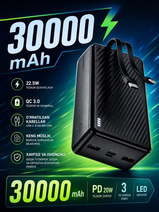 Power Bank 10000mAh/20000mAh/30000mAh - tez quvvatlanadigan tashqi batareya