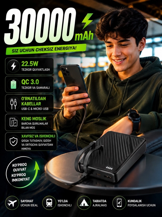 Power Bank 10000mAh/20000mAh/30000mAh - tez quvvatlanadigan tashqi batareya