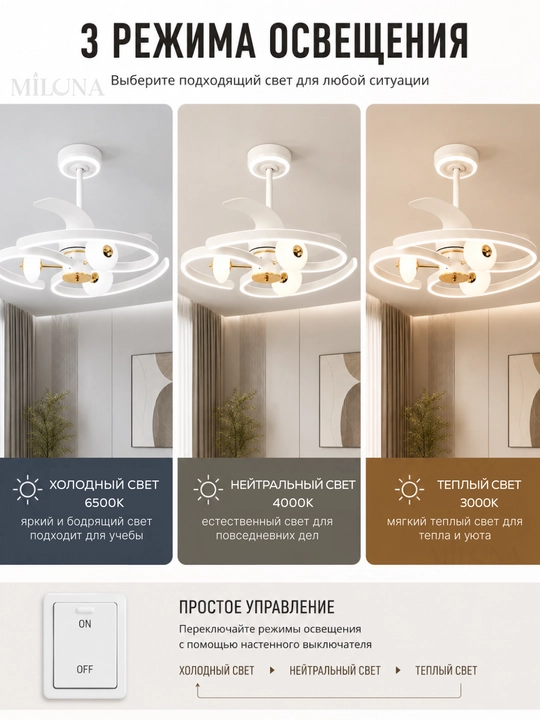 Lyustra LED ventilyator , pultli boshqaruv, 3 rejim yoritish, 6 tezlik,taymer, 30 m² gacha