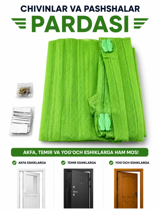 Magnitli eshik pardasi, chang va hasharotlardan himoya qiladi, yopishqoqligi bor