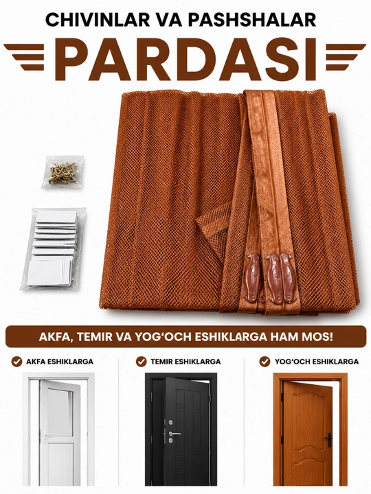 Magnitli eshik pardasi, chang va hasharotlardan himoya qiladi, yopishqoqligi bor