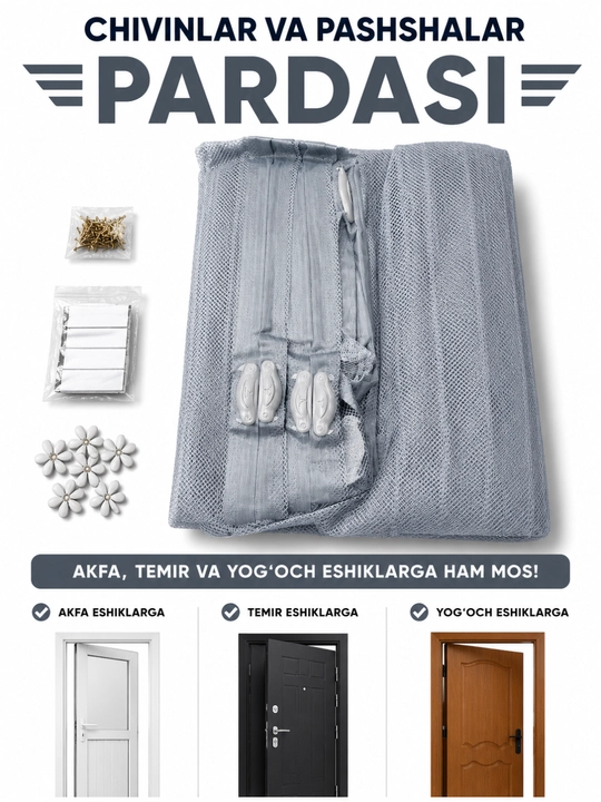 Magnitli eshik pardasi, chang va hasharotlardan himoya qiladi, yopishqoqligi bor