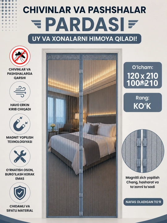 Magnitli eshik pardasi, chang va hasharotlardan himoya qiladi, yopishqoqligi bor - 