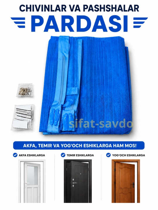 Magnitli eshik pardasi, chang va hasharotlardan himoya qiladi, yopishqoqligi bor