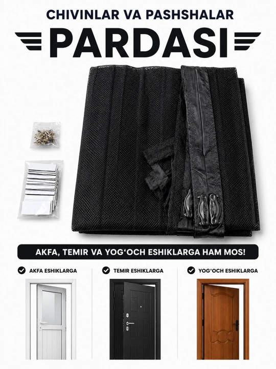 Magnitli eshik pardasi, chang va hasharotlardan himoya qiladi, yopishqoqligi bor