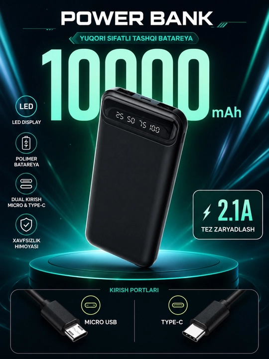 Power Bank 10000mAh/20000mAh/30000mAh - tez quvvatlanadigan tashqi batareya