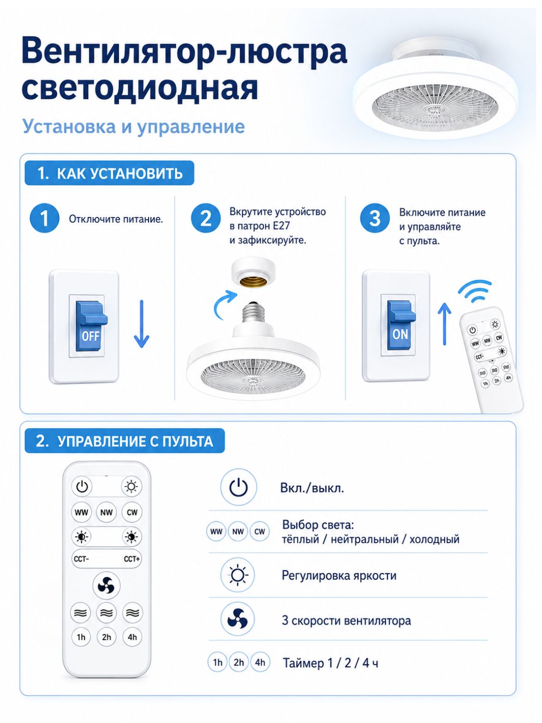 Вентилятор люстра с подсветкой E27