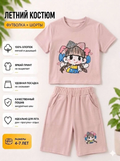Bolalar uchun yozgi kostyum futbolka va shortik to‘plami, 100% paxta, 2-8 yosh - 