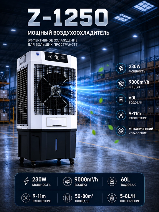 Мощный воздухоохладитель Z-1250, мощность: 230 Вт, объем водобака: 60 л