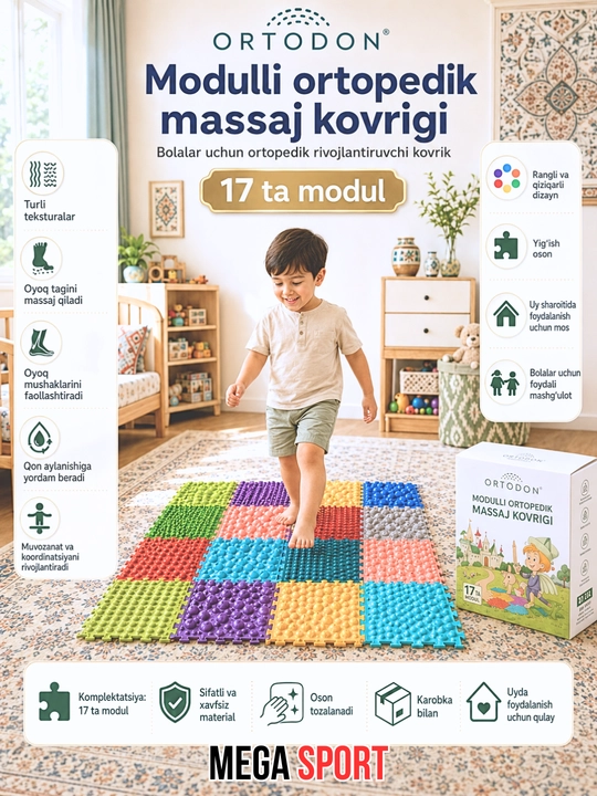 Bolalar uchun ortopedik massaj kovrigi, ORTODON modulli gilamcha, 17 ta modul