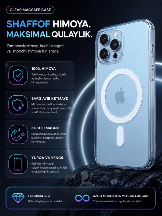 Iphone Magsafe chexol magseyf ayfon g‘ilofi, XS, 11, 12, 13, 14, 15, 16, Pro, Pro Max Plus