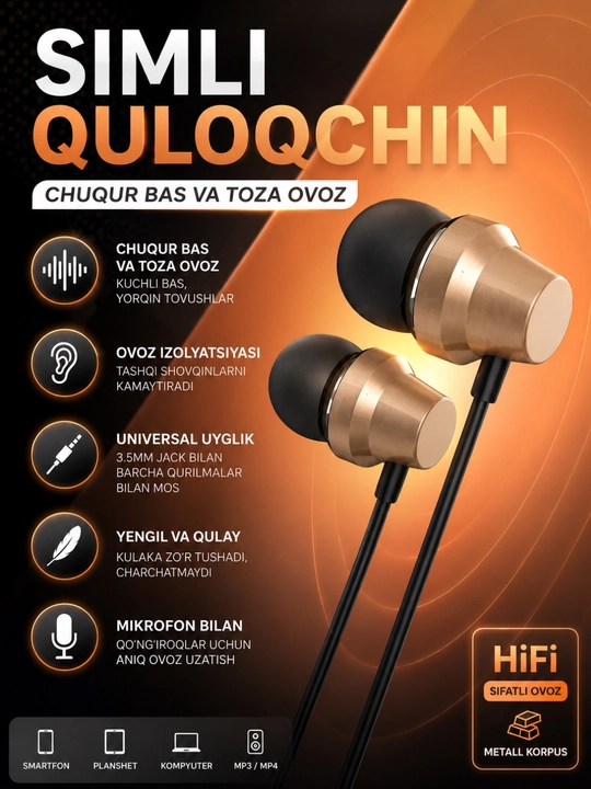 Simli Quloqchin 3.5mm Stereo Naushnik Mikrofonli Android iPhone uchun - 