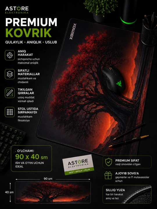 Gaming KOVRIK, 90x40 sm — premium sichqoncha va klaviatura uchun