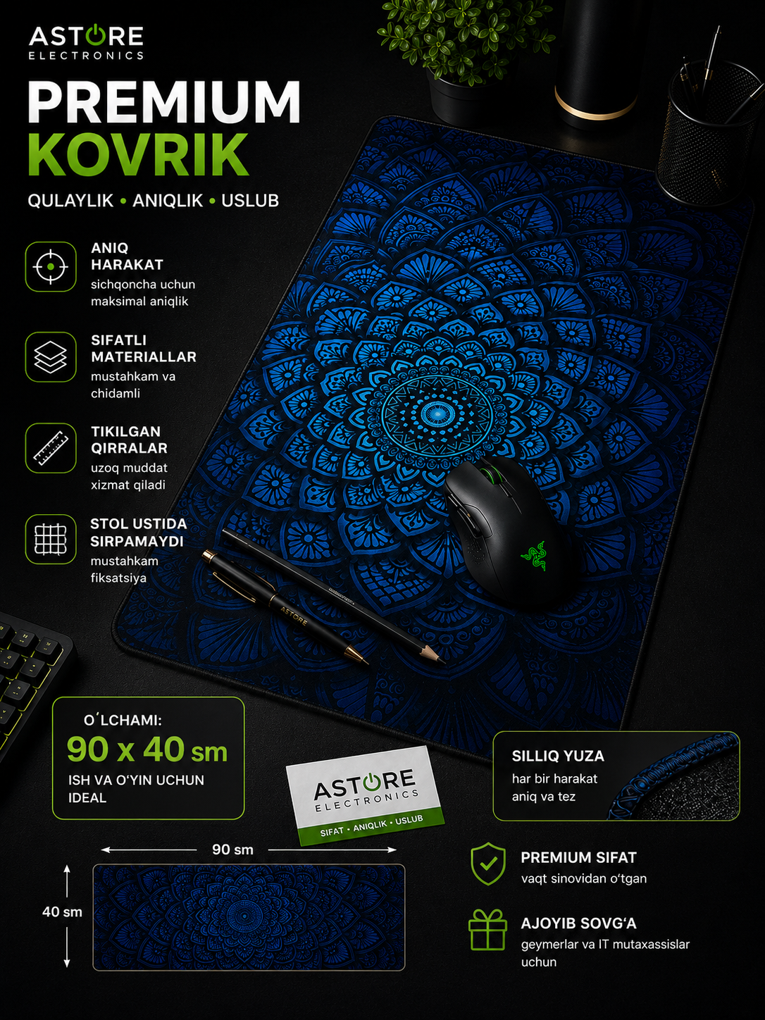 Игровой КОВРИК для мыши и клавиатуры, 90x40 см — Premium Mouse Pad